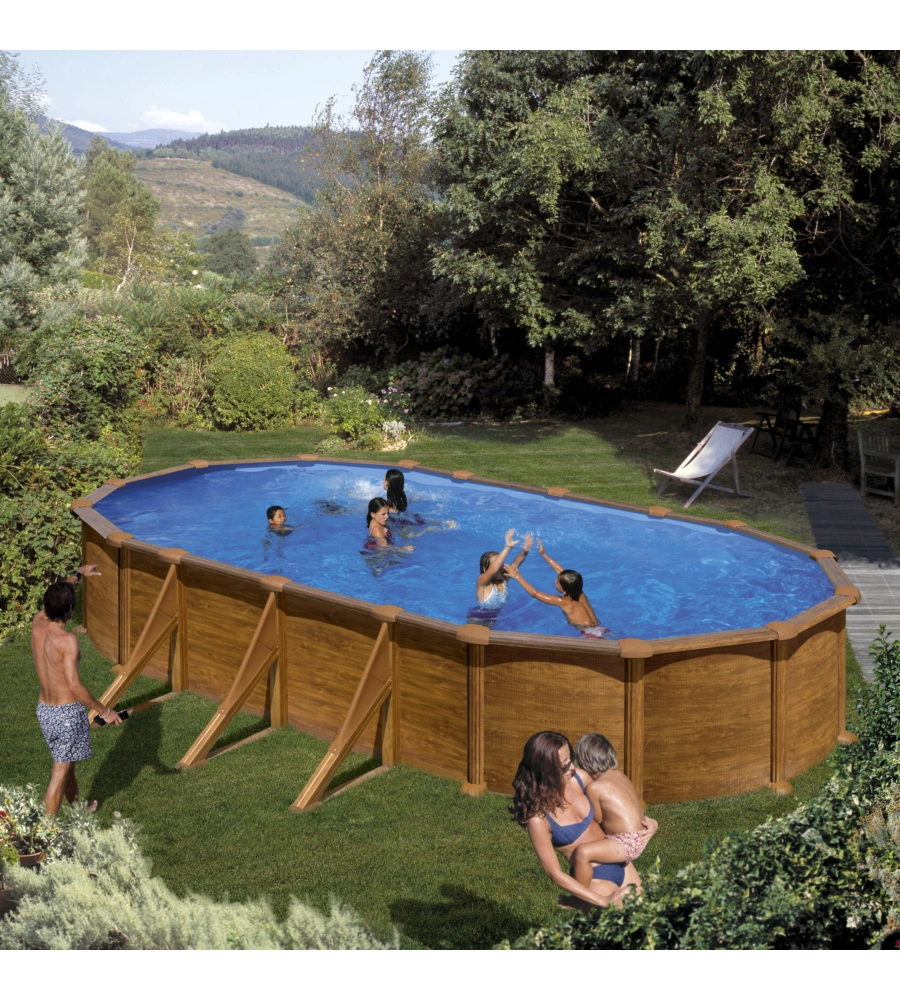 Piscina fuori terra ovale gre "mauritius" in acciaio effetto legno 730x375x132 - cod. kitprov738wo