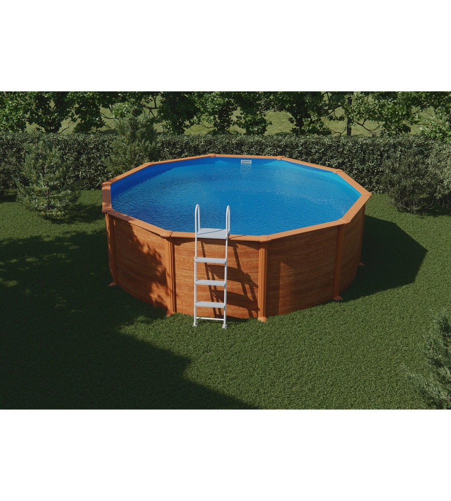 Piscina fuori terra rotonda gre "mauritius" in acciaio effetto legno 460x460x132 - cod. kitpr458wo