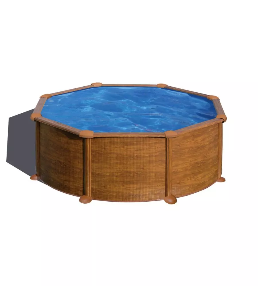 Piscina fuori terra rotonda gre "mauritius" in acciaio effetto legno 460x460x132 - cod. kitpr458wo