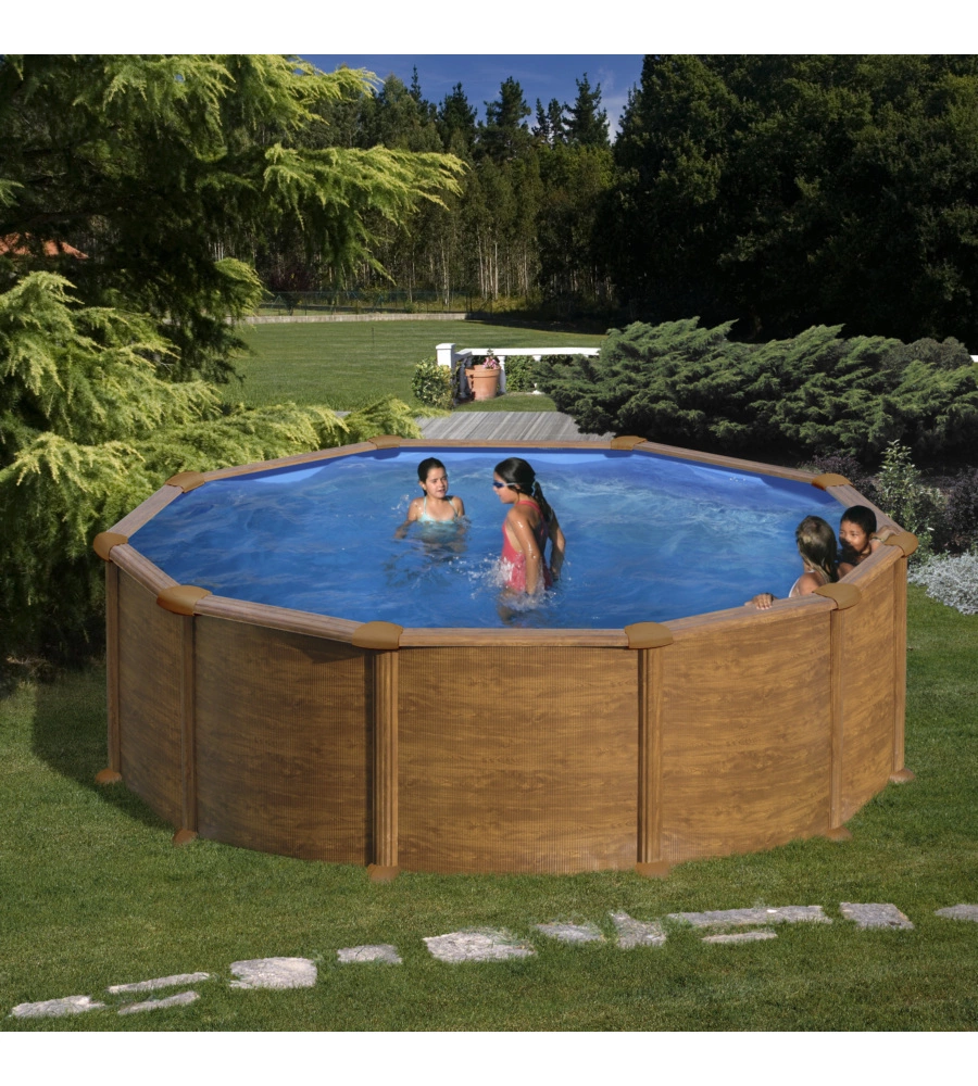 Piscina fuori terra rotonda gre "mauritius" in acciaio effetto legno 350x350x132 - cod. kitpr358wo