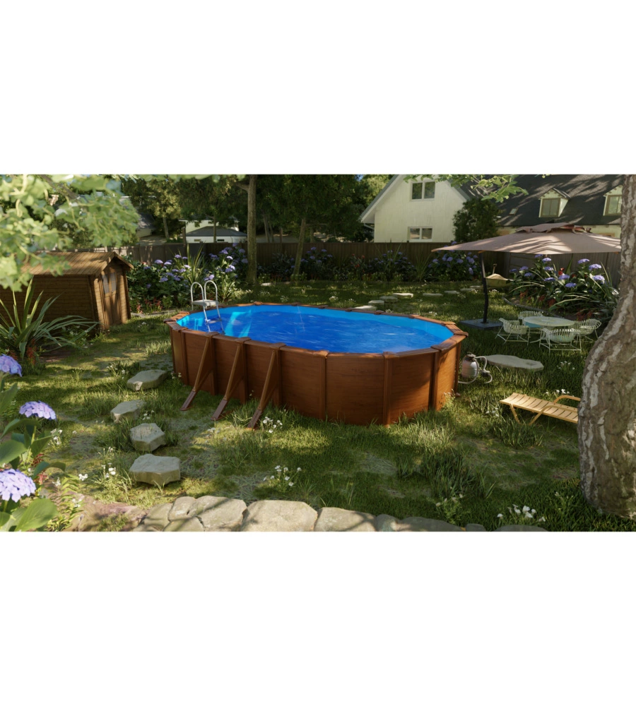 Piscina fuori terra ovale gre "pacific" in acciaio effetto legno 730x375x120 - cod. kit730w