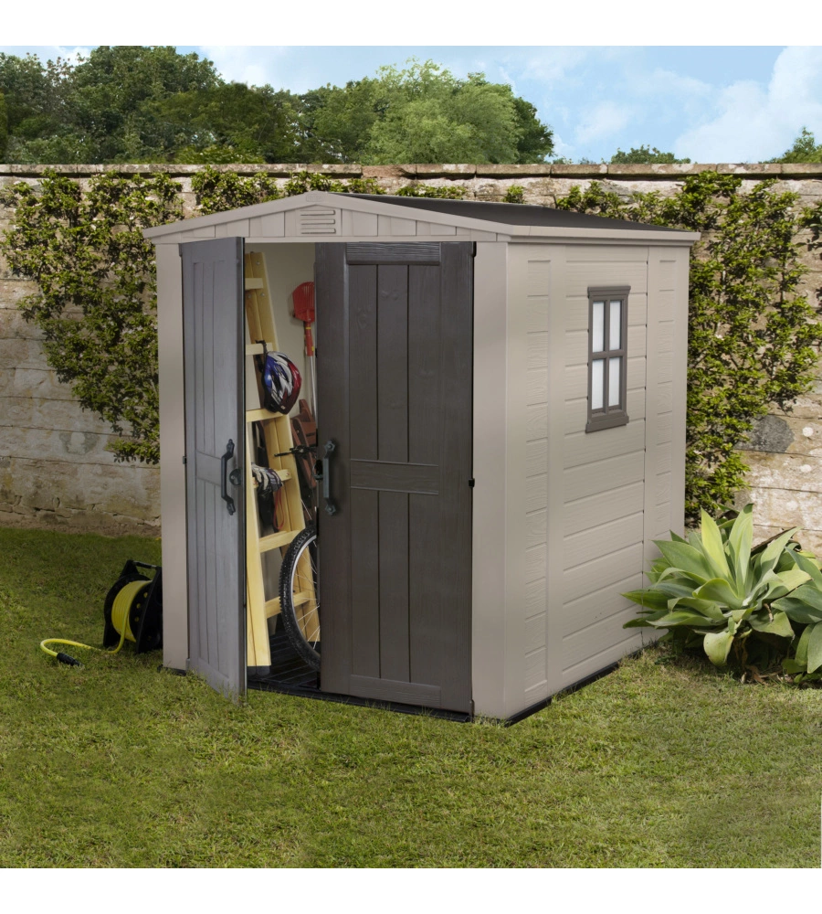 Casetta da giardino keter "factor 6x6" in resina colore beige con porta battente doppia 178x195,5x208 cm