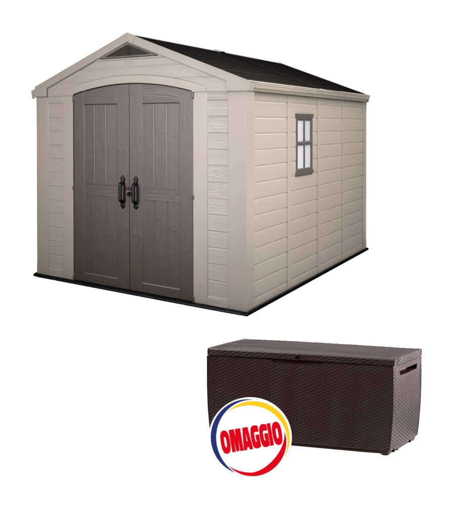 Casetta da giardino keter "factor 8x11" in resina colore beige con porta battente doppia 256,4x331,5x243 cm