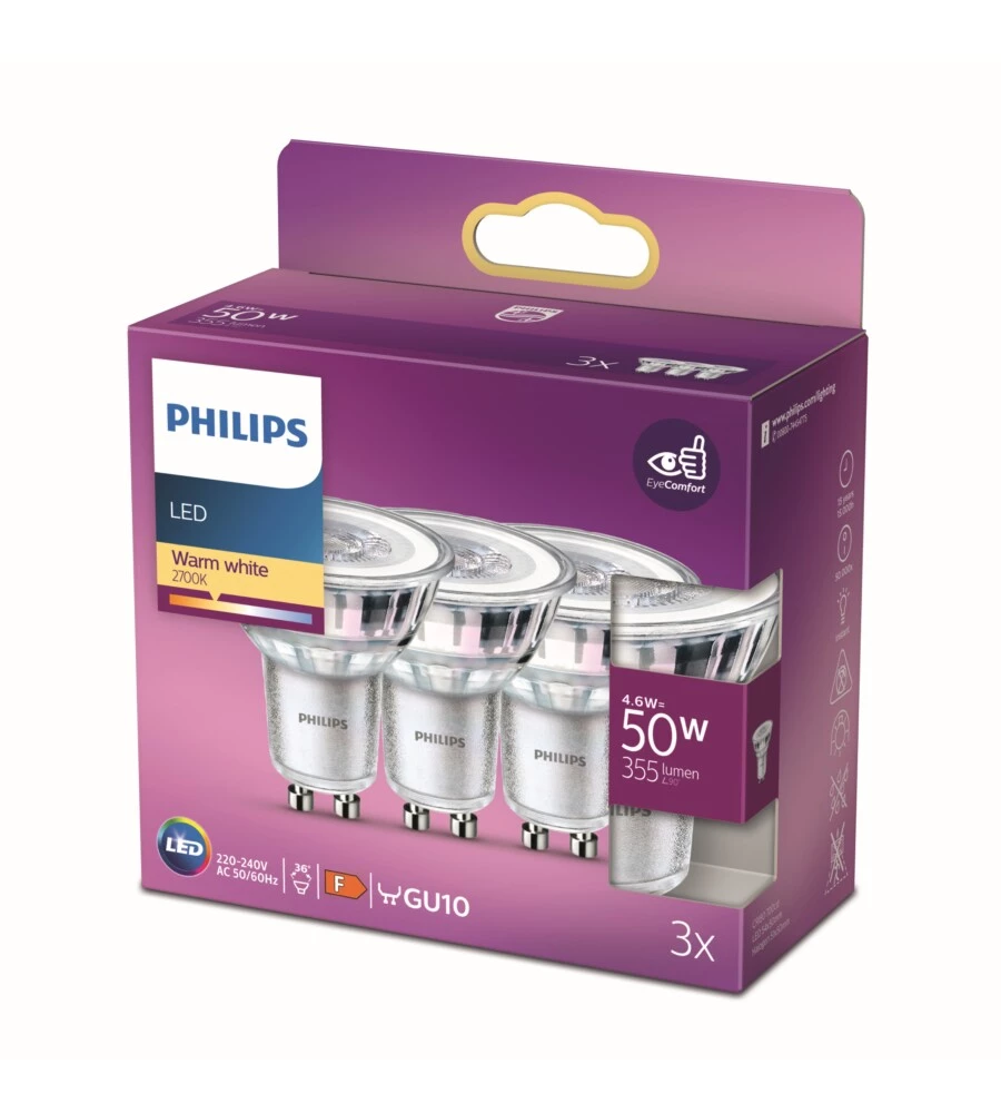 3 faretti led philips 355 lm, gu10