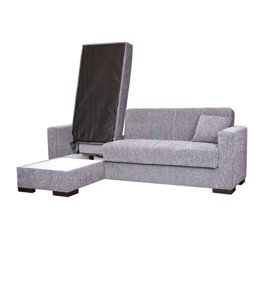 Divano letto "merlin" in tessuto grigio con cassettone e penisola reversibile, 227x175x77 cm