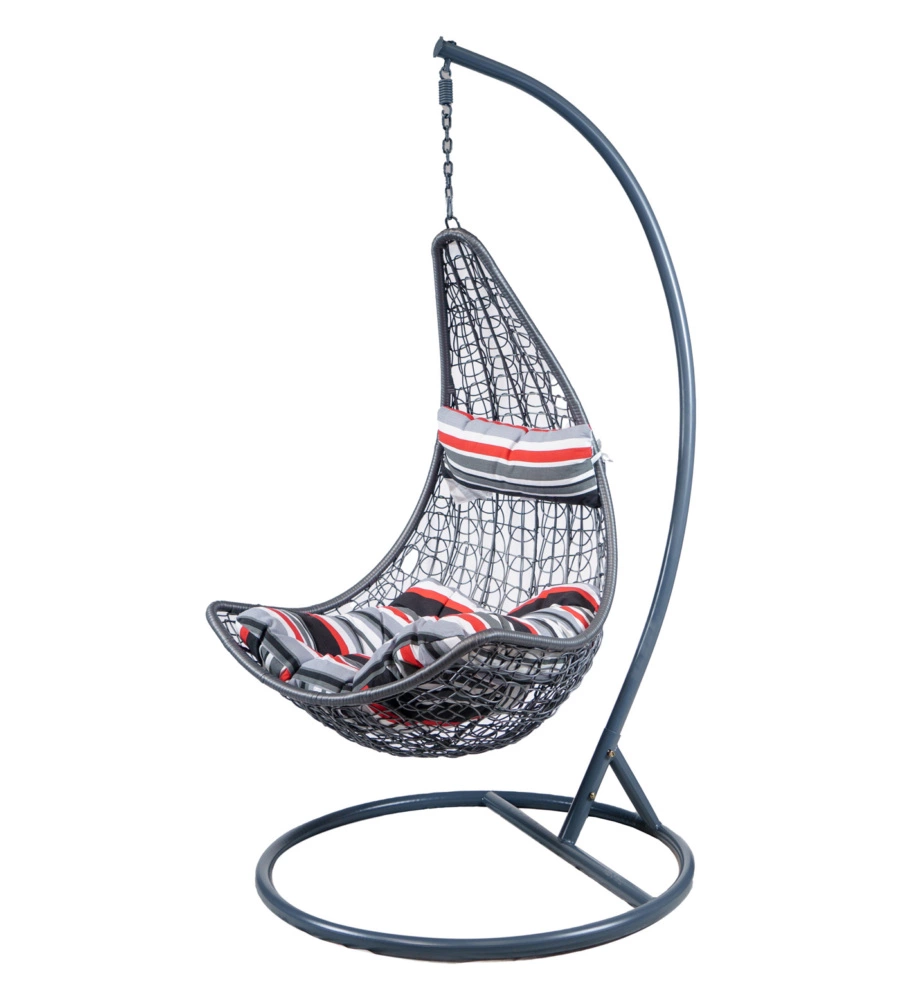 Poltrona da esterno sospesa in pe rattan con struttura in metallo grigio e cuscino a righe, 120x195 cm