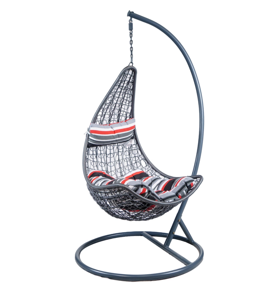 Poltrona da esterno sospesa in pe rattan con struttura in metallo grigio e cuscino a righe, 120x195 cm