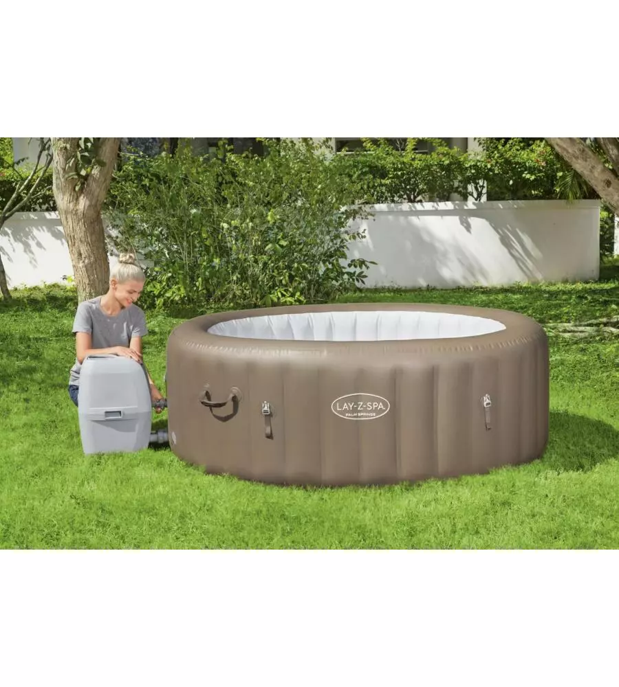 Piscina idromassaggio gonfiabile bestway "lay-z-spa palm spring" 4/6 persone 196x196x71 cm con copertura, 2 cartucce, dvd, manometro pressione e flottatore chimico  - cod. 60017