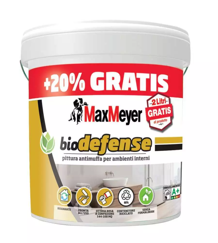 Pittura antimuffa pronta all'uso max meyer "biodefence" colore bianco, 10lt + 2lt omaggio