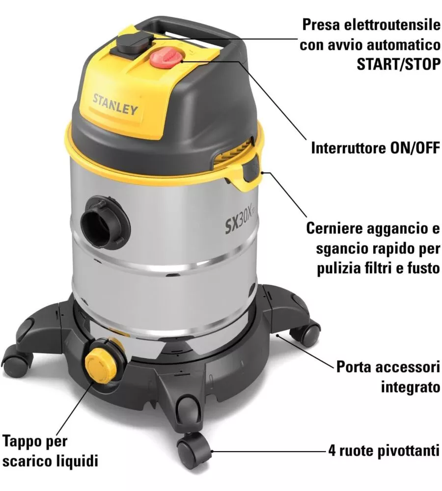 Bidone aspirapolvere 30 litri aspira solidi e liquidi con funzione soffiante sxvc30xtde 1600 watt - stanley