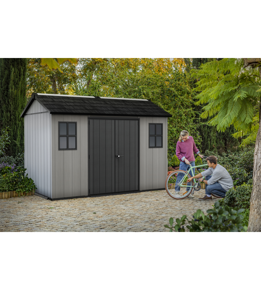 Casetta da giardino keter "oakland 1175sd" in duotech colore grigio con porta battente doppia 350x229x254 cm