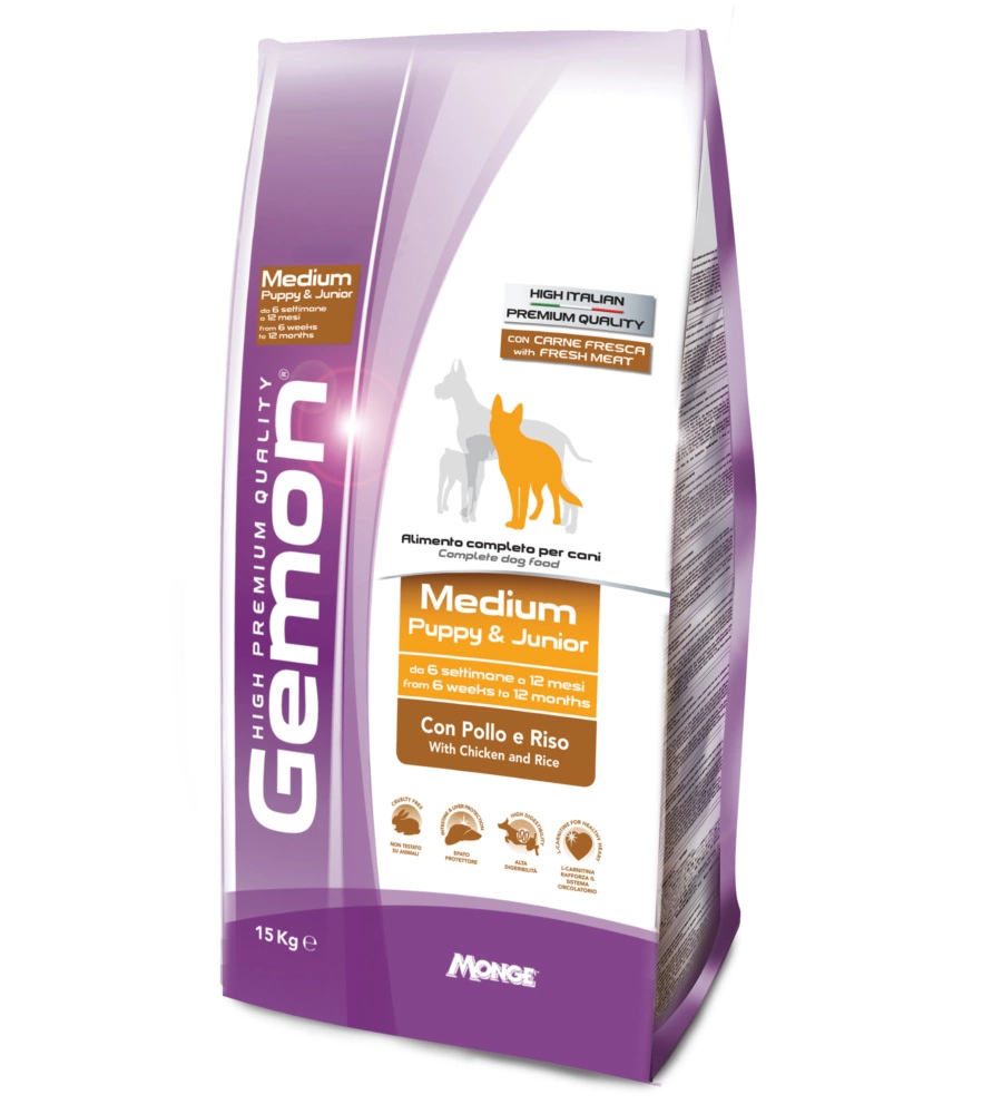 Crocchette cane monge gemon medium puppy & junior con pollo e riso  per cuccioli - 15 kg