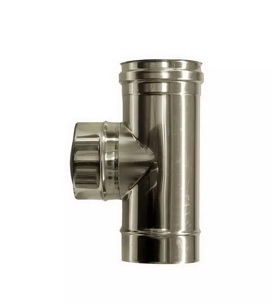 Tubo raccordo a tee 90° ridotto a 80 parete doppia inox, dn 100/150