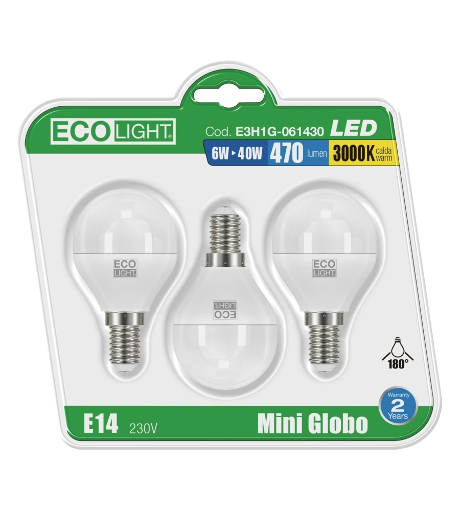 Set di 3 lampadine led 6 w luce calda 3000° k- mini globo