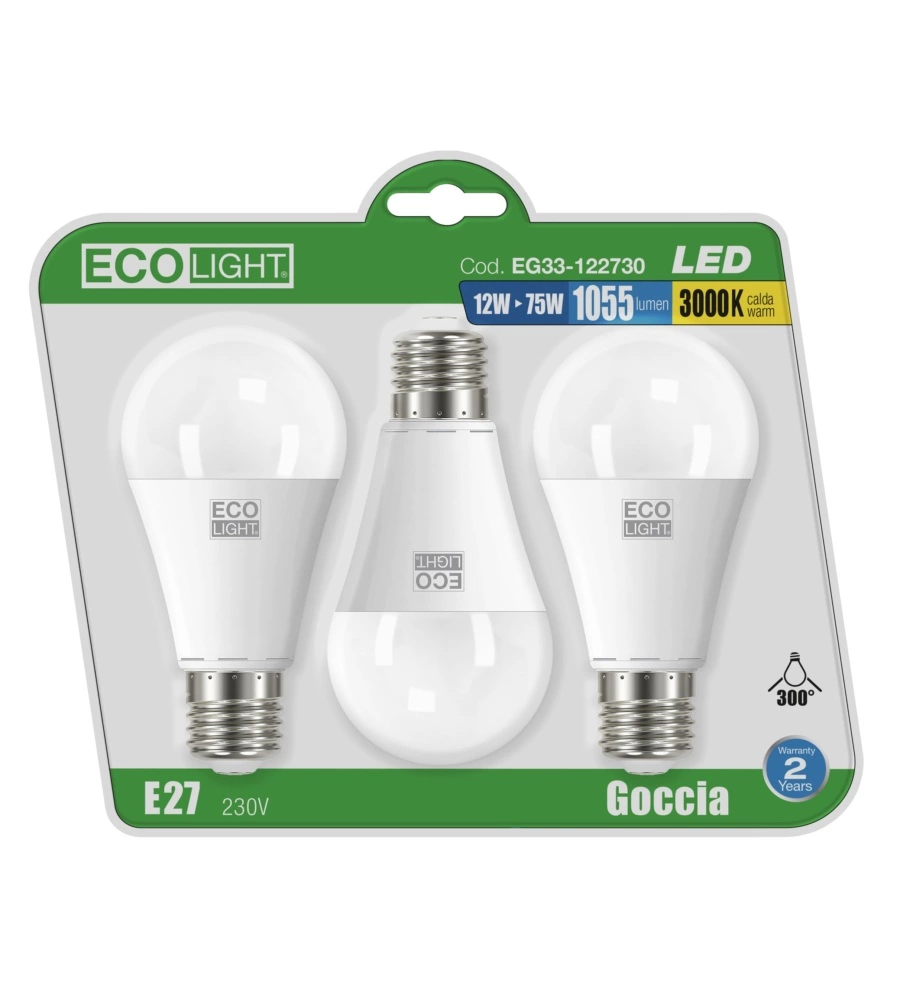 Set da 3 lampadine led a goccia 12w, e27