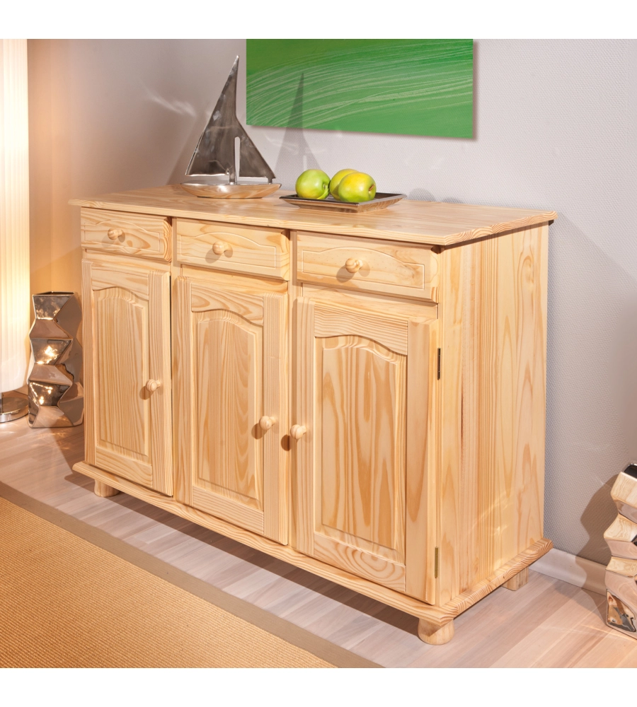 Buffet 3 ante + 3 cassetti in pino massello naturale, 130x87x43 cm