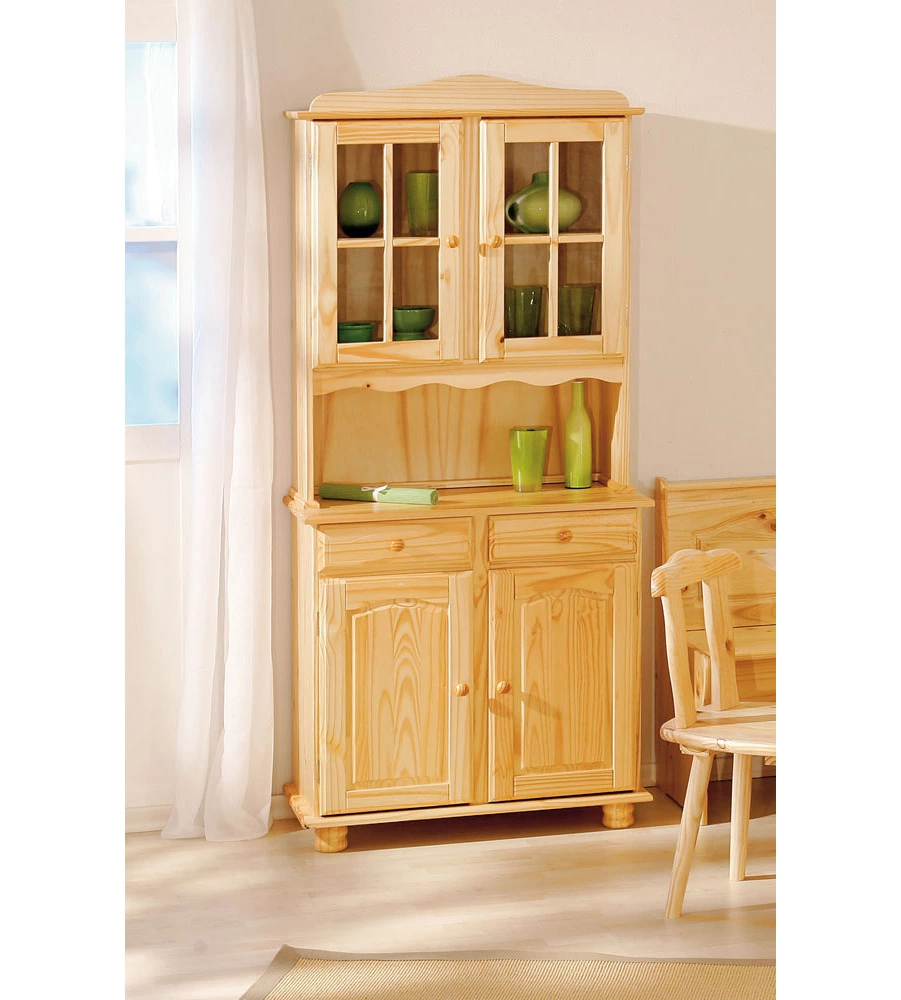 Credenza 2 ante + 2 cassetti pino massello naturale, 88x198x43 cm