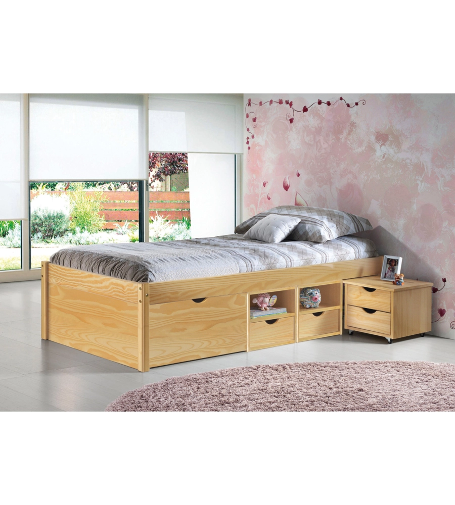 Letto singolo con vani contenitori e comodino pino massello,  96x47.5x2.09 cm