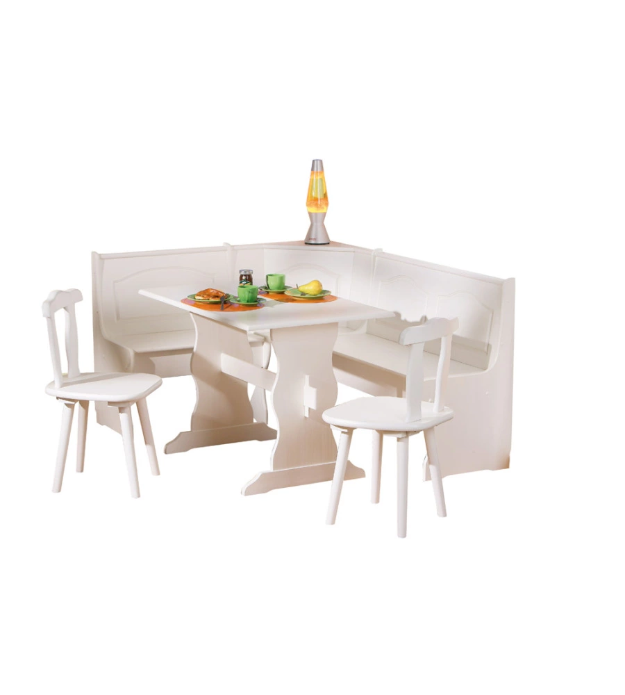 Tavolo panca e 2 sedie in pino massello bianco,  124/146x49x86 cm