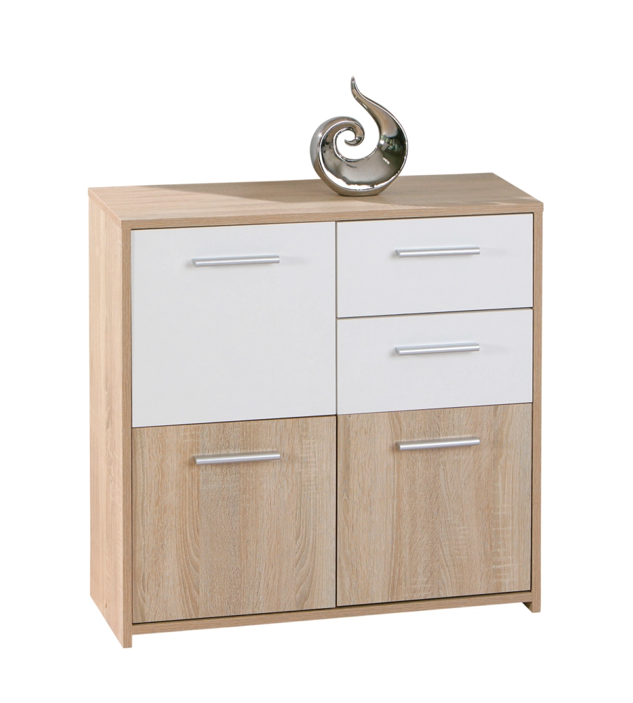 Credenza buffet 2 cassetti e 3 ante rovere e bianco, 77x30x77 cm