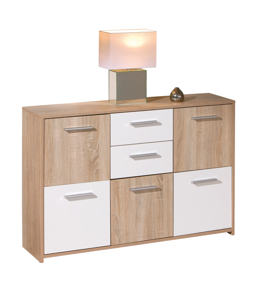 Credenza buffet 2 cassetti e 5 ante rovere e bianco, 115x30x77 cm