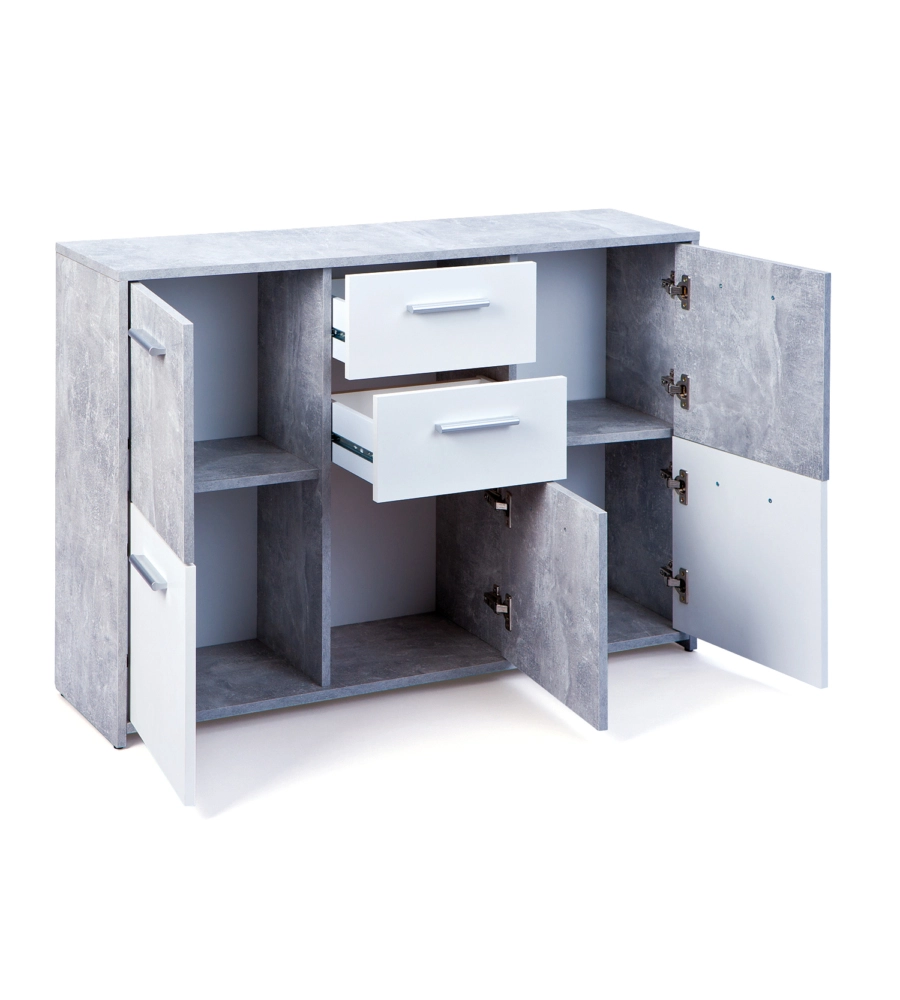 Buffet 5 ante e 2 cassetti marmo e bianco opaco, 115x30x77 cm