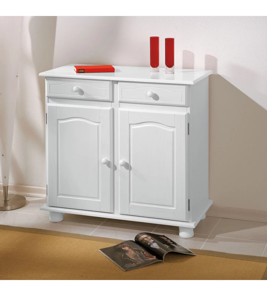 Buffet in pino massello bianco con 2 ante e 2 cassetti, 83x43x87 cm