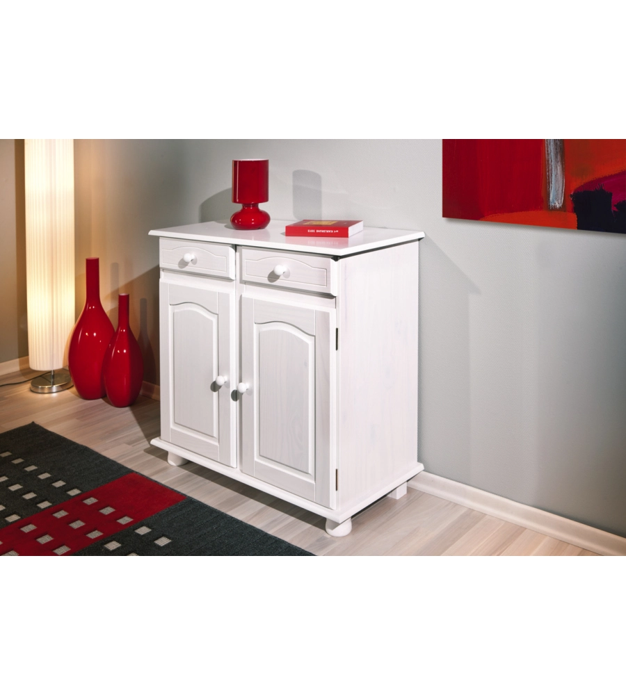 Buffet in pino massello bianco con 2 ante e 2 cassetti, 83x43x87 cm