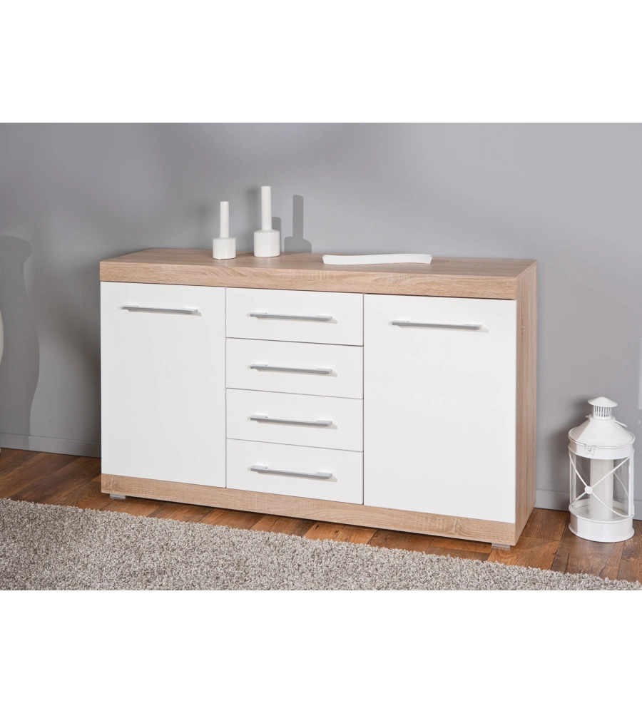 Buffet 2 ante e 4 cassetti rovere e bianco laccato, 155x40x87 cm