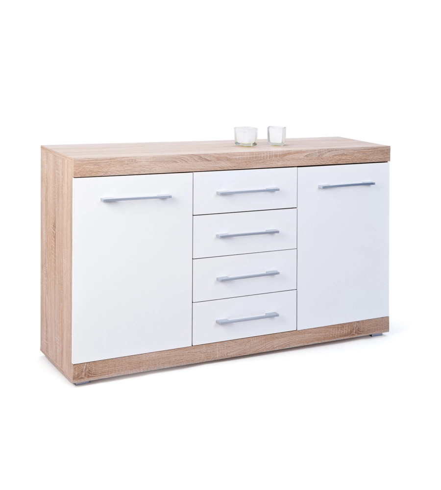 Buffet 2 ante e 4 cassetti rovere e bianco laccato, 155x40x87 cm