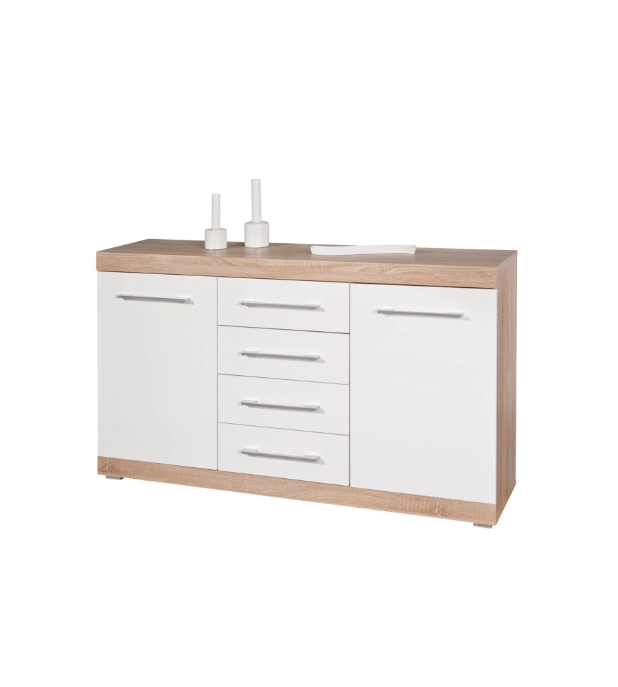 Buffet 2 ante e 4 cassetti rovere e bianco laccato, 155x40x87 cm