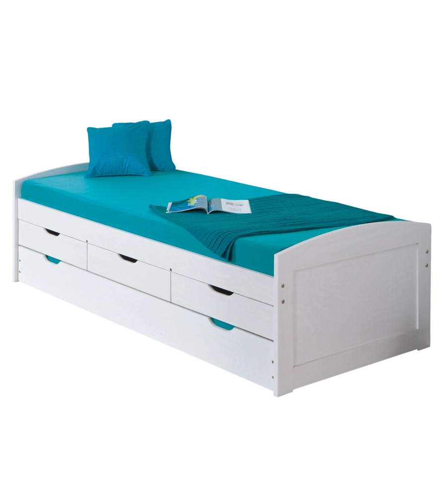 Letto singolo con cassetti e contenitore in pino massello, 98x195x63 cm