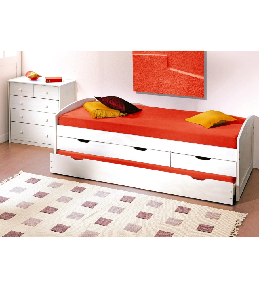 Letto singolo con cassetti e contenitore in pino massello, 98x195x63 cm