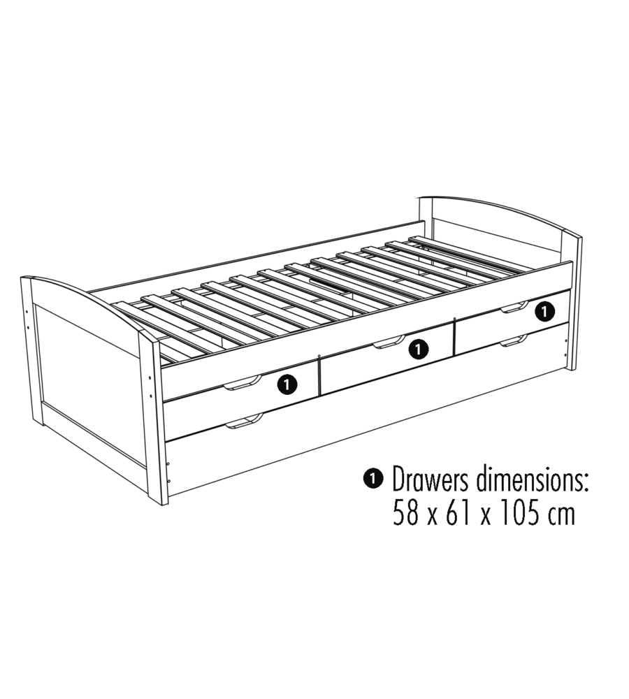 Letto singolo con cassetti e contenitore in pino massello, 98x195x63 cm