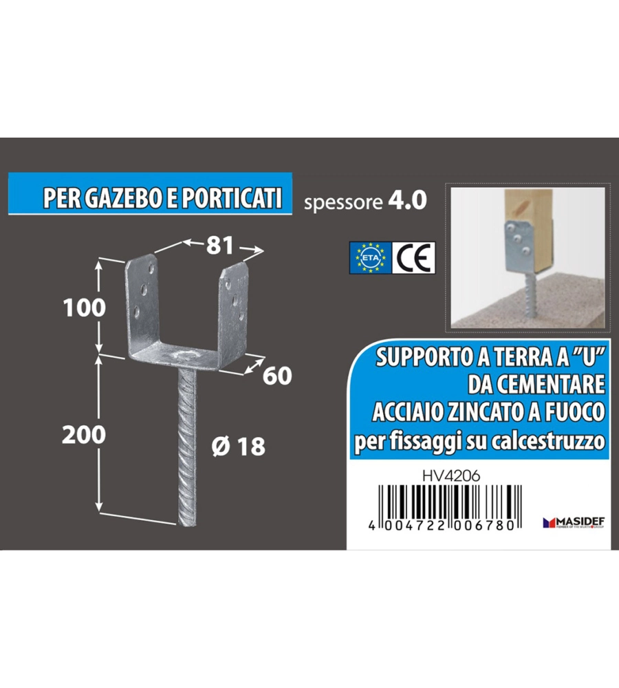 Supporto a "u" per pali 81 x 65 x 105 x 200 mm.