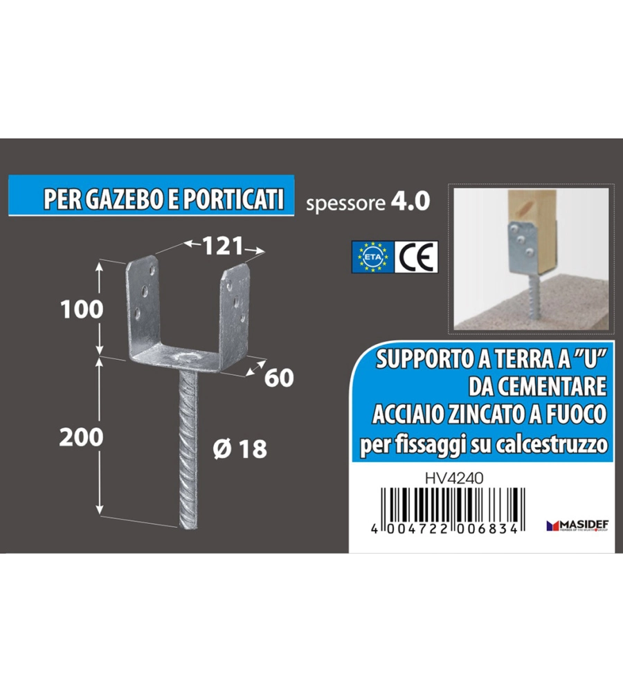 Supporto a "u" per pali 121 x 65 x 105 x 200 mm.