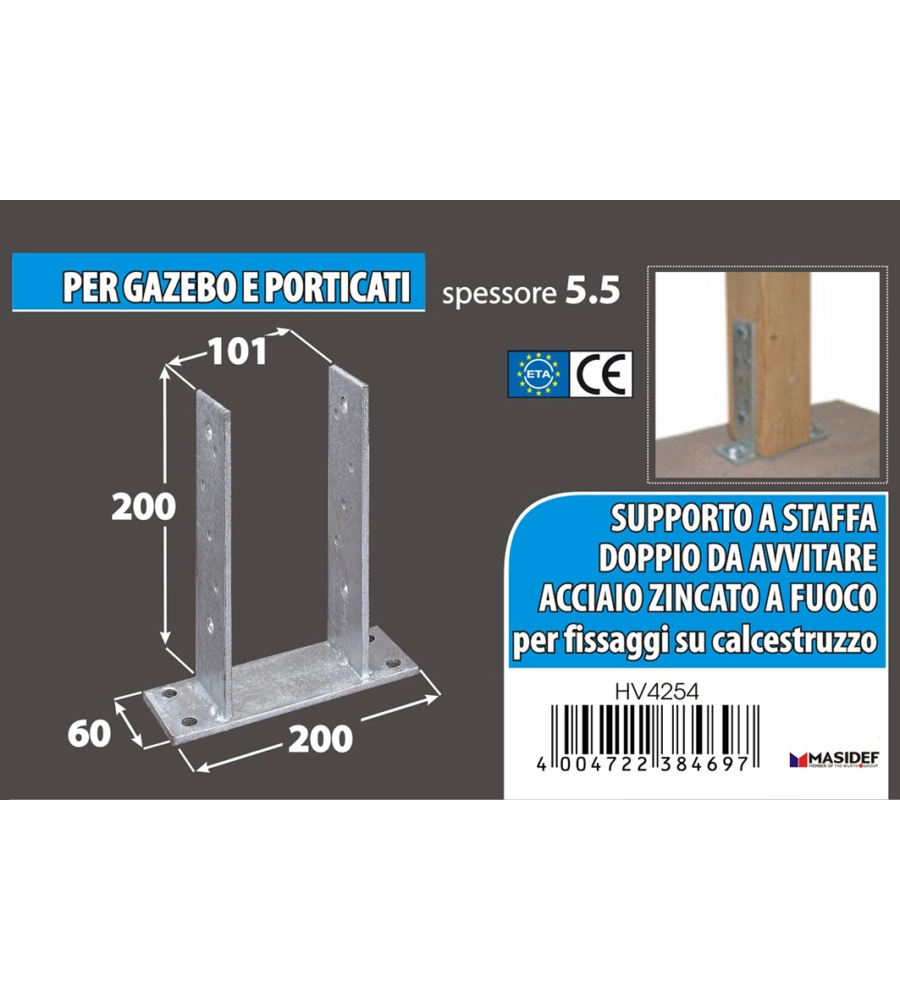 Supporto per pali da avvitare 101 x 60 x 200 x 200 mm.