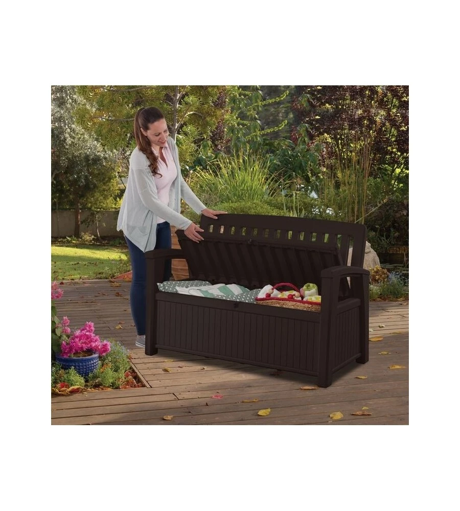 Panchina cassapanca keter "patio storage bench" in resina grafite, 132x61,2x89 cm