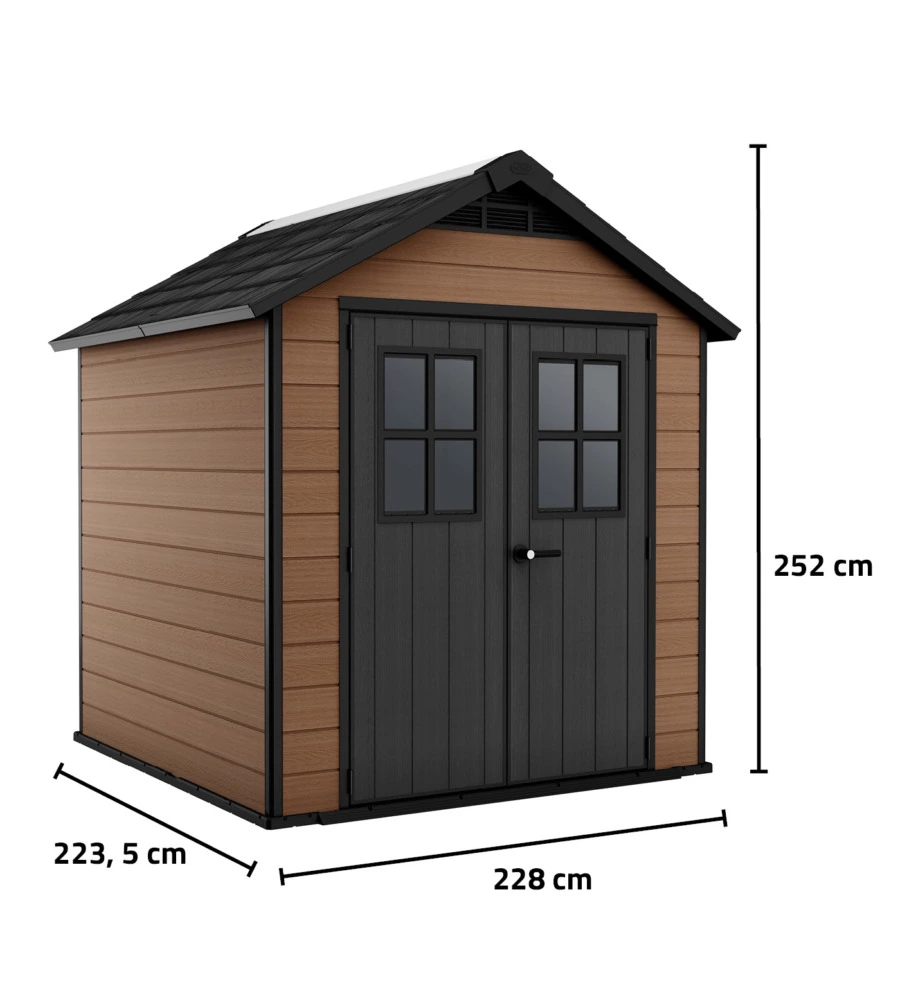 Casetta da giardino keter 'newton 757' in evotech+ colore marrone con porta battente doppia 228x223,5x252 cm