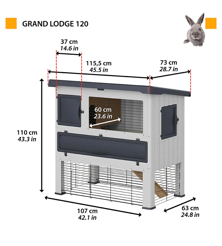 Gabbia per conigli 'grand lodge 120' grigio,  115,5x73x110 cm - ferplast