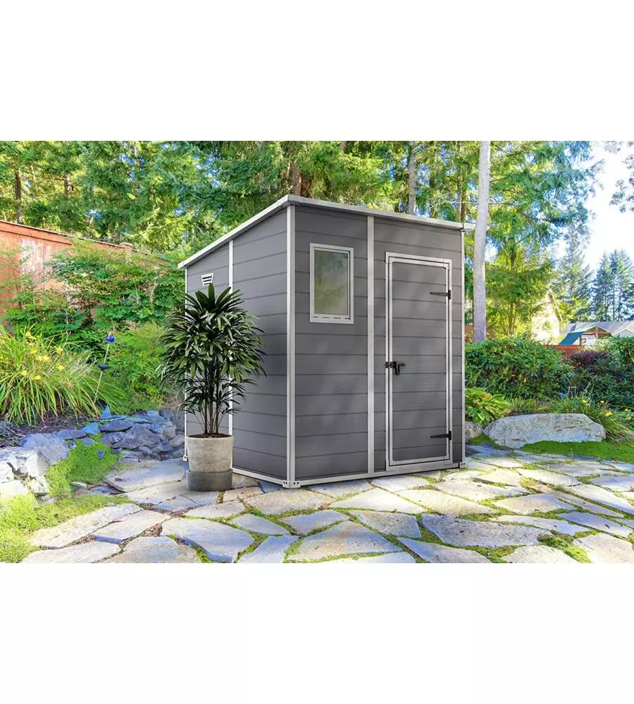 Casetta da giardino keter "manor pent 6x6" in resina colore grigio con porta battente singola 183,5x185x200 cm