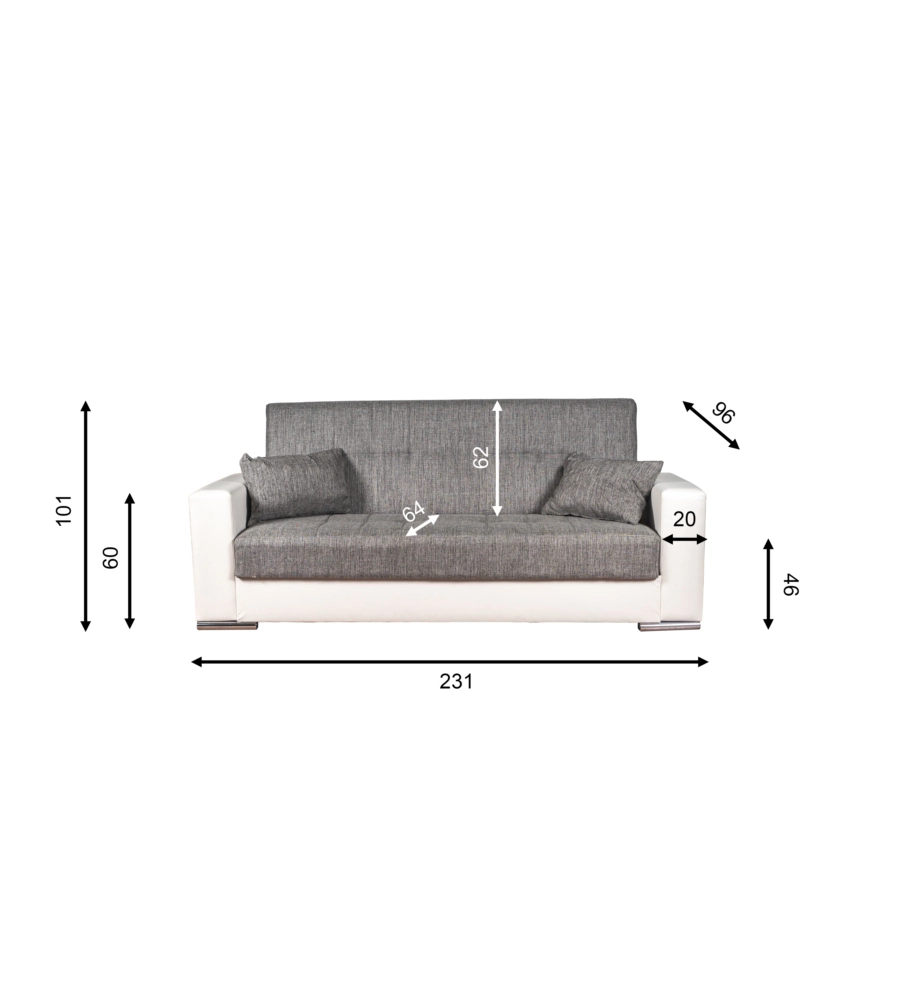 Divano letto "padova" 3 posti bianco grigio, 230x93x97 cm