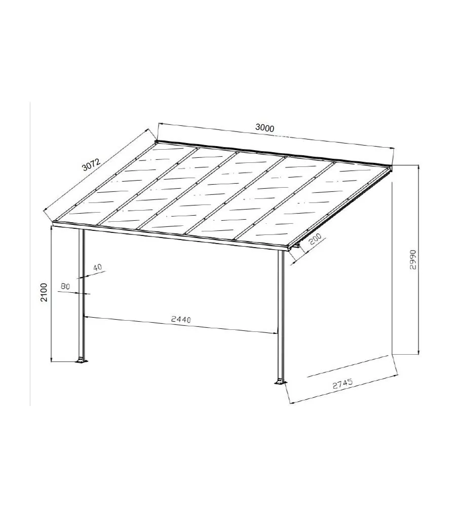 Pergola a muro da esterno euro garden "memphis" in alluminio e policarbonato, 303x295x305 cm