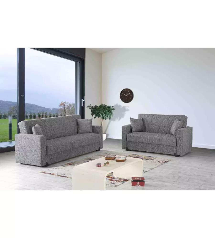 Divano letto 3 posti "mali" in tessuto grigio con cassettone, 212x83x74 cm