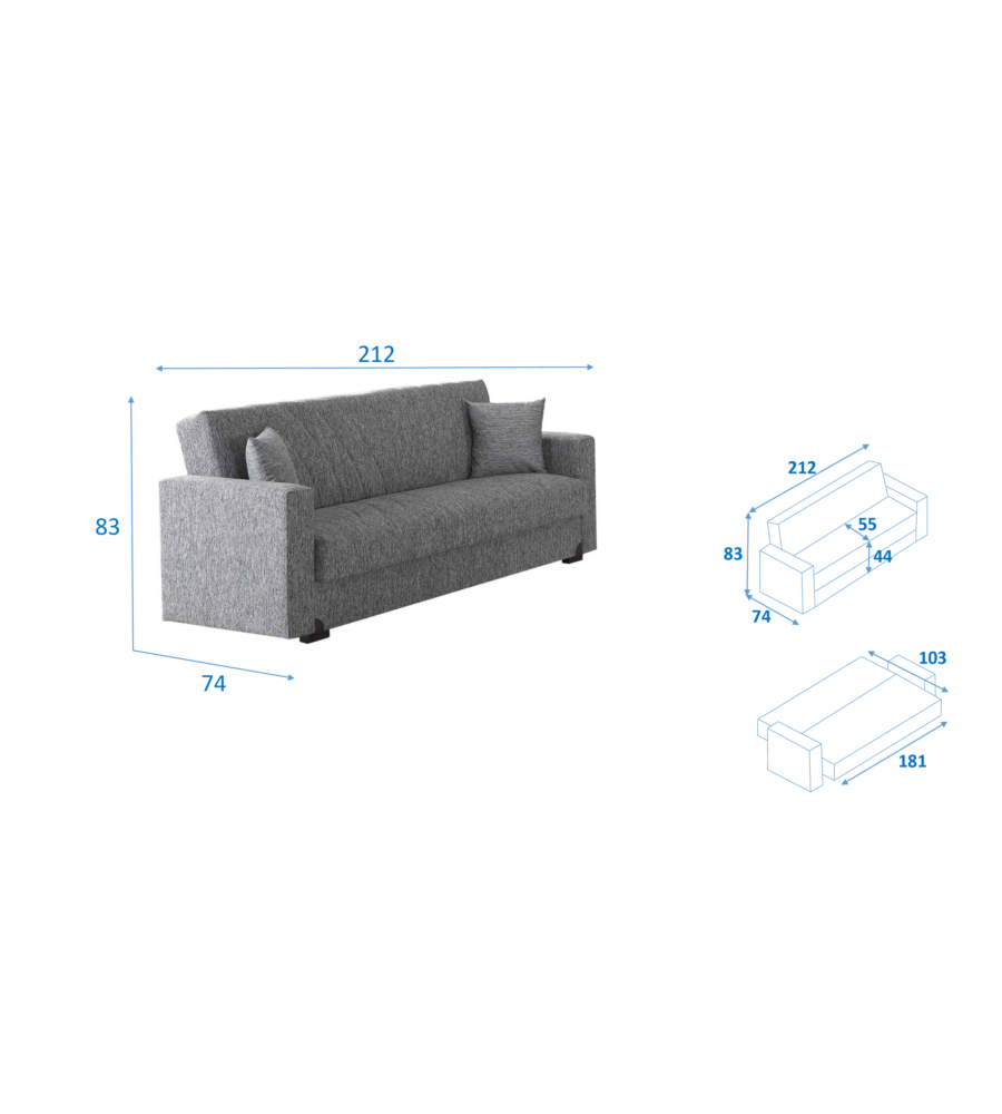 Divano letto 3 posti "mali" in tessuto grigio con cassettone, 212x83x74 cm