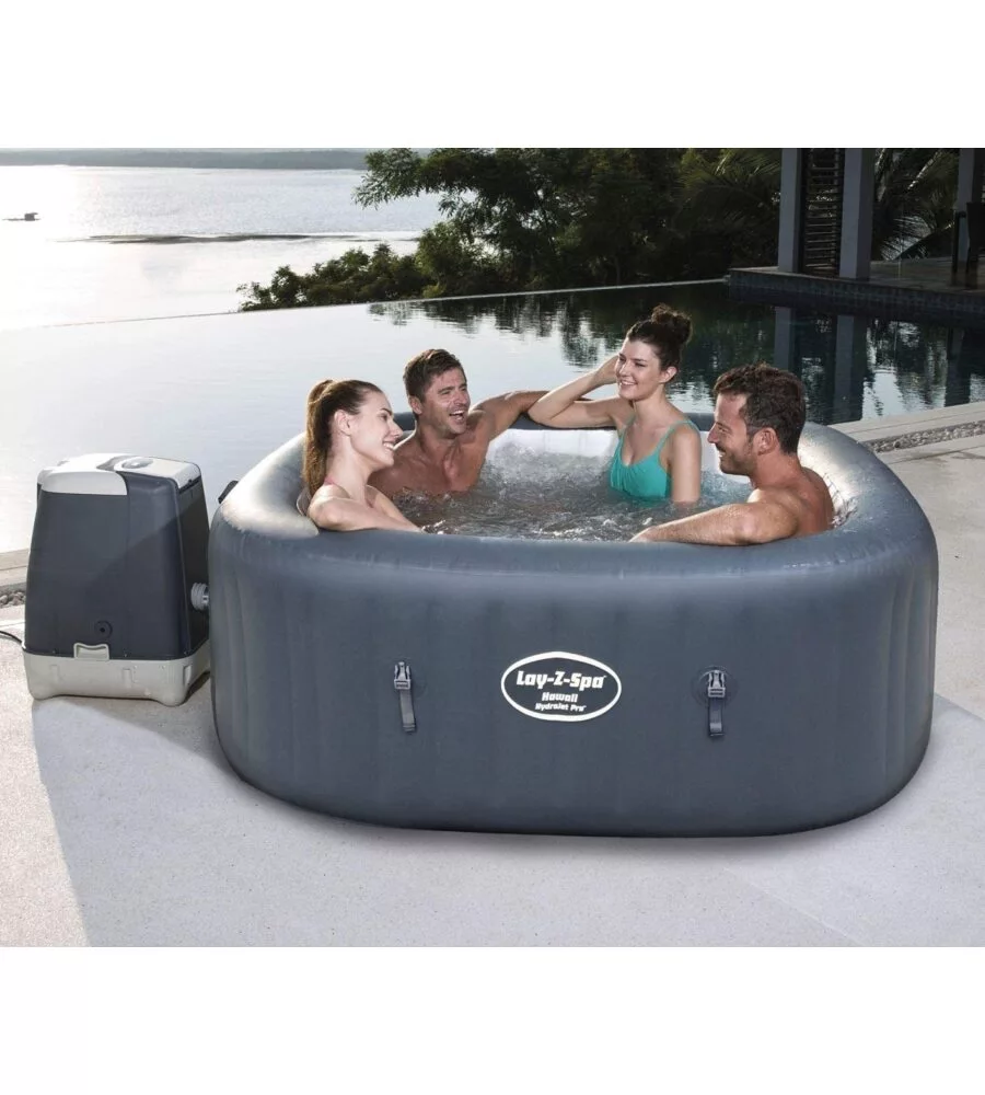 Piscina idromassaggio gonfiabile riscaldata bestway "lay-z-spa hawaii hydrojet pro" 4/6 persone 180x180x71 cm con copertura gonfiabile, cartuccia ed erogatore chemconnect  - cod. 54138