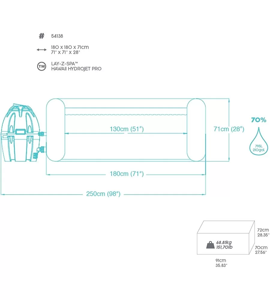 Piscina idromassaggio gonfiabile riscaldata bestway "lay-z-spa hawaii hydrojet pro" 4/6 persone 180x180x71 cm con copertura gonfiabile, cartuccia ed erogatore chemconnect  - cod. 54138