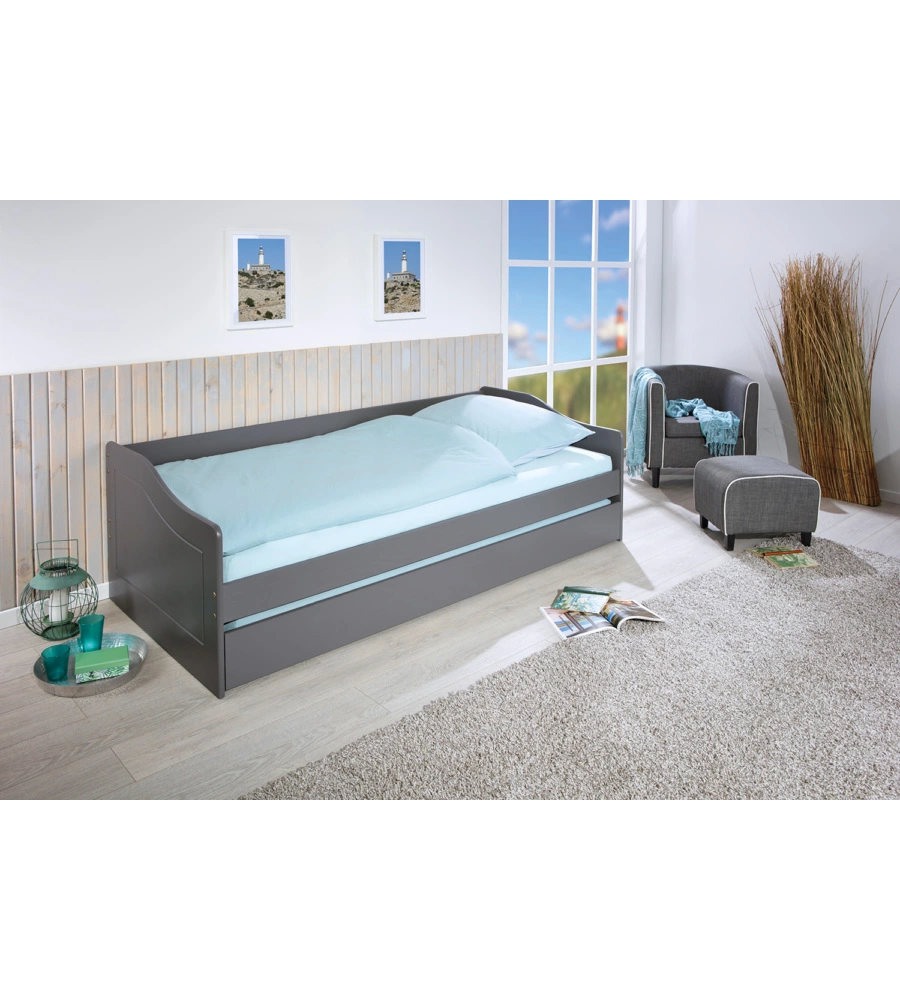 Letto singolo grigio e letto estraibile con funzione divano, 97x208x62 cm