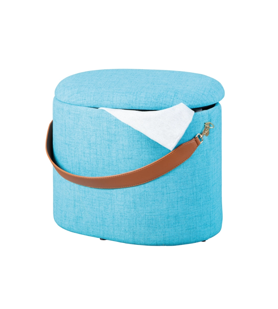 Pouf azzurro con contenitore e maniglia in ecopelle, 42x30x36cm