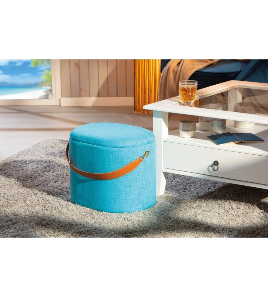 Pouf azzurro con contenitore e maniglia in ecopelle, 42x30x36cm